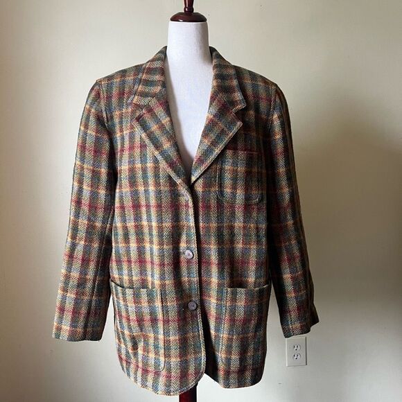Vintage 90s Blazer Jacket 100% Wool Autumn Academia Tweed Plaid‎ Women's 14 - Picture 1 of 9